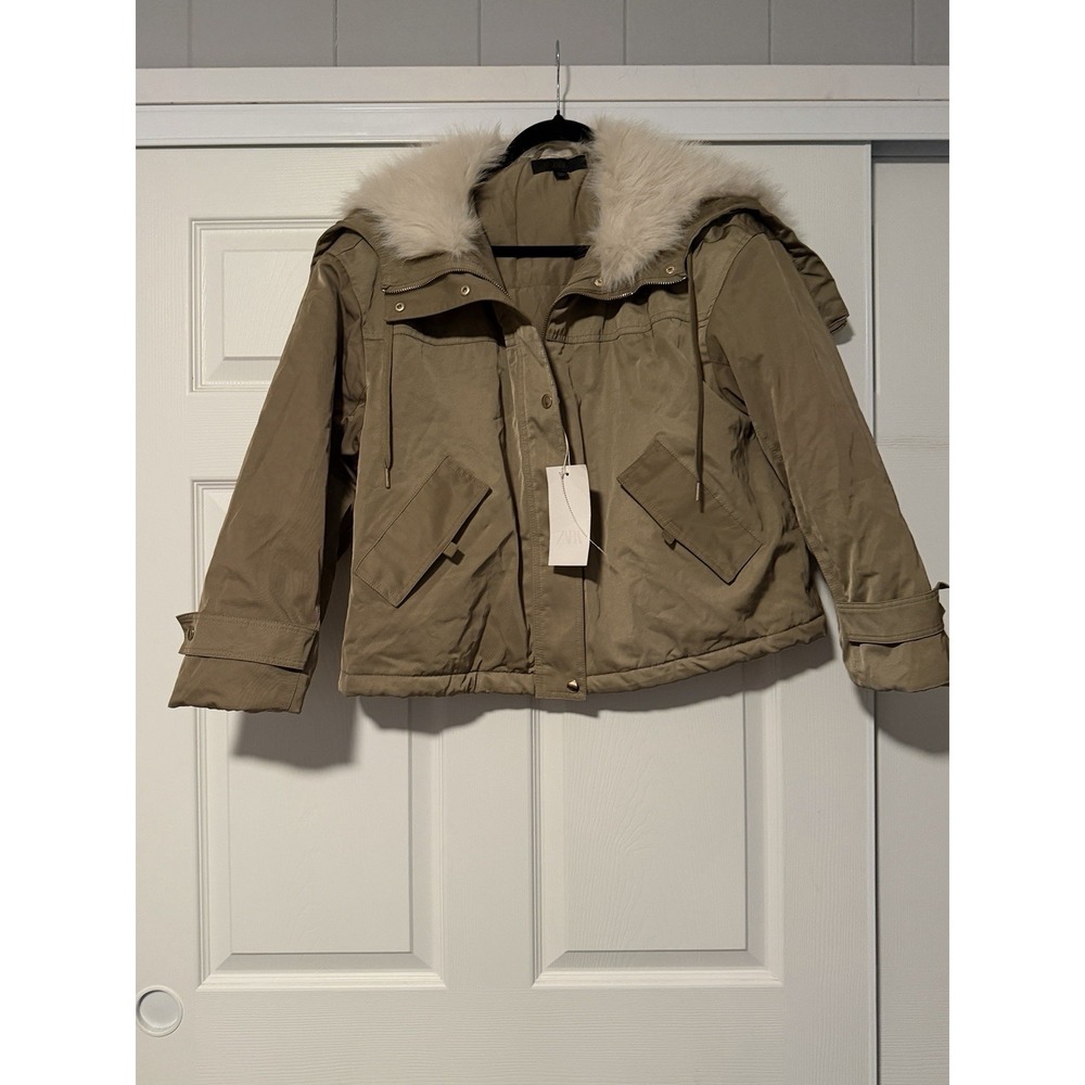 Zara Short Parka Jacket Faux Fur Hooded Military Urban‎ Utilitarian Gorpcore
